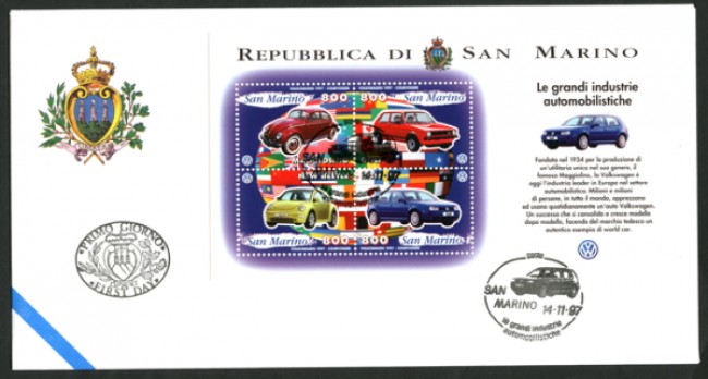 1997 - LOTTO/12206 - SAN MARINO - INDUSTRIE AUTOMOBILI VOLKSWAGEN FOGLIETTO - BUSTA FDC
