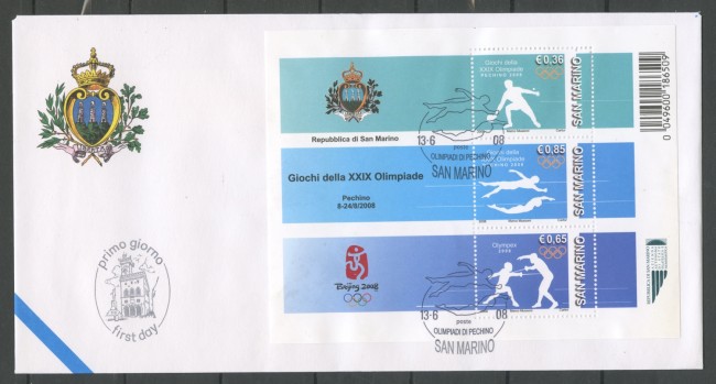 2008 - SAN MARINO - OLIMPIADI DI PECHINO FOGLIETTO - BUSTA FDC - LOTTO/36776