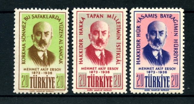 1956 - LOTTO/23180 - TURCHIA - POETA AKIF ERSOY 3v. - NUOVI