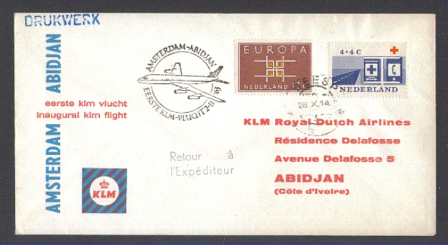 OLANDA - 1963 - LBF/3287 - VOLO INAUGURALE KLM AMSTERDAM/ABIDJAN