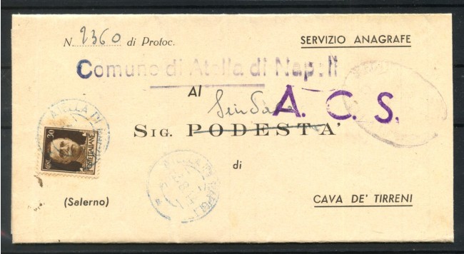 1944 - LUOGOTENENZA - LOTTO/47778 - LETTERA DA ATELLA DI NAPOLI A CAVA DEI TIRRENI