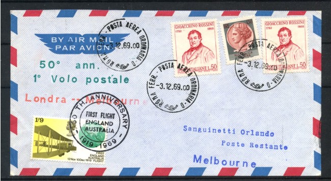 1969 - ITALIA - LOTTO/41601 - 50° ANNIVERSARIO DEL 1° VOLO POTALE LONDRA MELBOURNE