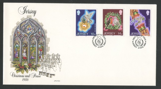 1986 - JERSEY - LOTTO/41797 - NATALE LA PACE  3v. - BUSTA FDC