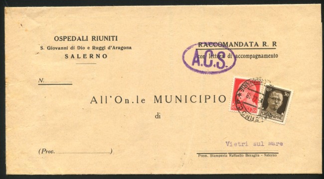 1944 - LUOGOTENENZA - LOTTO/40969 - RACCOMANDATA DA SALERNO A VIETRI