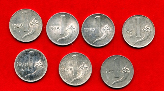 1951/1970 - REPUBBLICA - LOTTO/M43025 - INSIEME DI 7 MONETE DA 1 LIRA DIFFERENTI