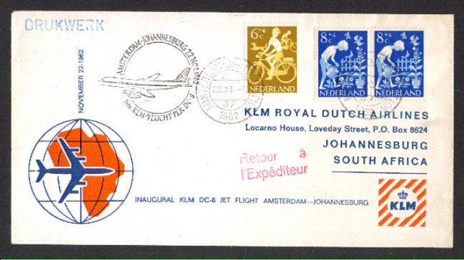 OLANDA - 1962 - LBF/3285 - Volo Inaugurale KLM  DC8  AMSTERDAM/JOHANNESBURG