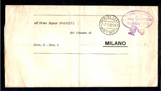 CREMONA - 1932 - LOTTO/323 - PIEGHEVOLE IN FRANCHIGIA PER MILANO