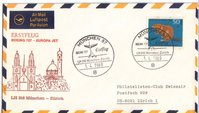 GERMANIA -1968 - LBF/3232 - PRIMO VOLO LUFTHANSA MONACO/ZURIGO
