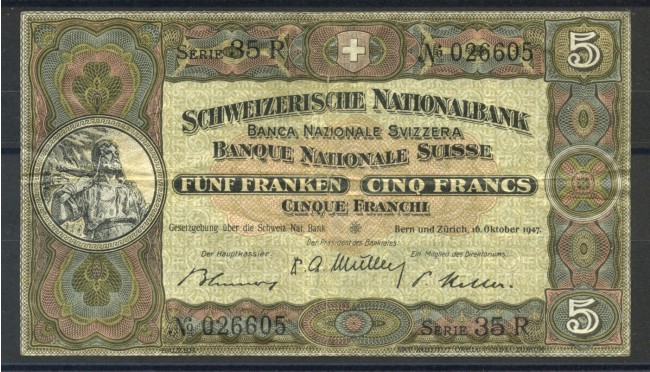 1947 - SVIZZERA - LOTTO/38486 - 5 FRANCHI BANCA NAZIONALE