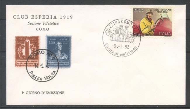 1992 - REPUBBLICA - TAZIO NUVOLARI - BUSTA FDC - LOTTO/31762