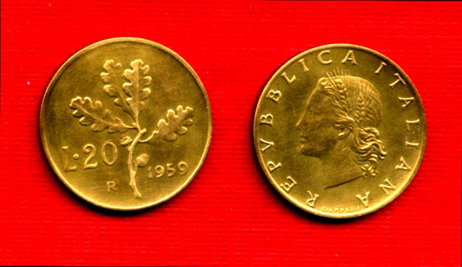 1959 - LOTTO/M21183S - REPUBLICA - 20 LIRE RAMO DI QUERCIA