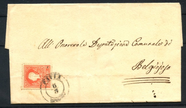 1858 - LOMBARDO VENETO - LOTTO/41001 - 15 CENT. ROSSO SU PIEGHEVOLE DA PAVIA A BELGIOIOSO