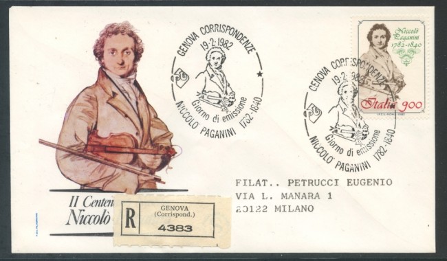 1982 - REPUBBLICA - NICCOLO' PAGANINI - BUSTA FDC FILAGRANO VIAGGIATA - LOTTO/27264