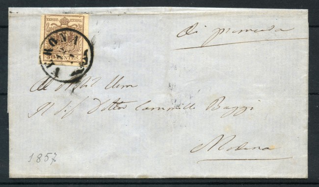 1857 - LOMBARDO VENETO  LOTTO/30282 - 30 cent. I° TIPO SU BUSTA DA VERONA PER MILANO - 