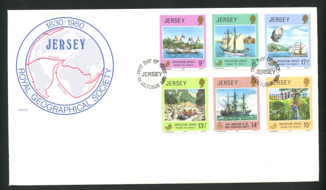 1980 - JERSEY - LOTTO/41787 - BRIGANTINO EYE OF THE WIND  6v. - BUSTA FDC