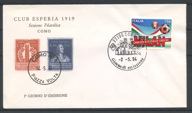 1994 - REPUBBLICA - LOTTO/38866 - SCUDETTO DEL MILAN - BUSTA FDC