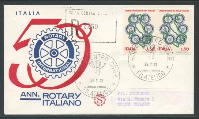 1973 - REPUBBLICA - CINQUANTENARIO ROTARY - BUSTA FDC FILAGRANO GOLD VIAGGIATA - LOTTO/27540