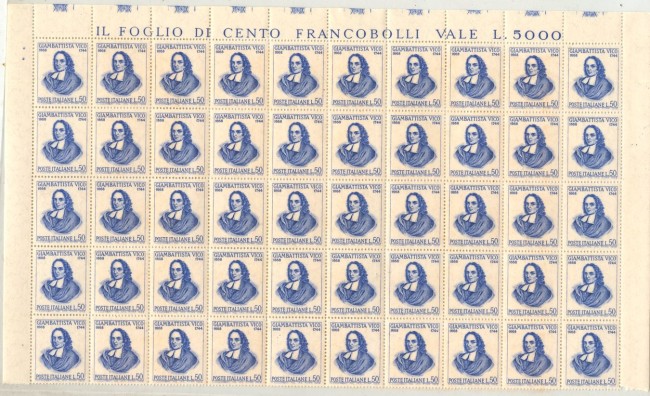 1968 - REPUBBLICA - LOTTO/47948 - 50 Lire GIANBATTISTA VICO -  BLOCCO DI 50 FRANCOBOLLI NUOVI