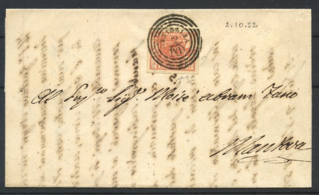 1852 - LOMBARDO VENETO - LOTTO/40998 - 15 CENT. SU LETTERA ANNULLO OSTIGLIA PER MANTOVA
