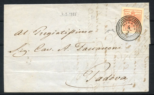 1855 - LOMBARDO VENETO - LOTTO/40999 - 15 CENT. SU LETTERA ANNULLO  MIRANO PER PADOVA