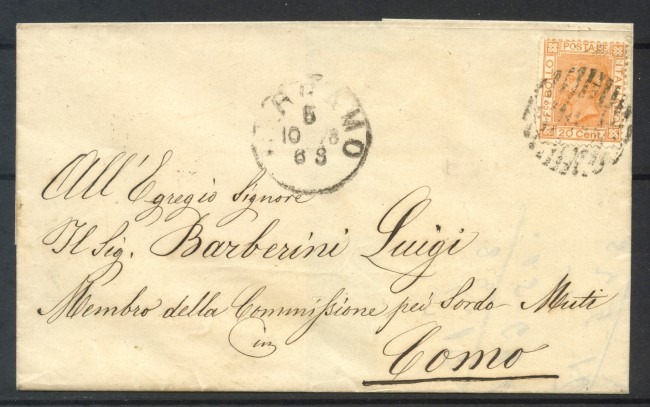 1878 - REGNO - 20 cent. OCRA ARANCIO SU BUSTA DA BERGAMO A COMO - LOTTO/31830