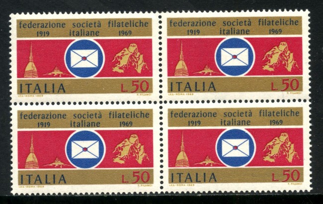 1969 - LOTTO/6520Q - REPUBBLICA- SOCIETA' FILATELICHE - QUARTINA NUOVI