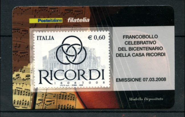 2008 - LOTTO/22691 - REPUBBLICA - CASA RICORDI TESSERA FILATELICA