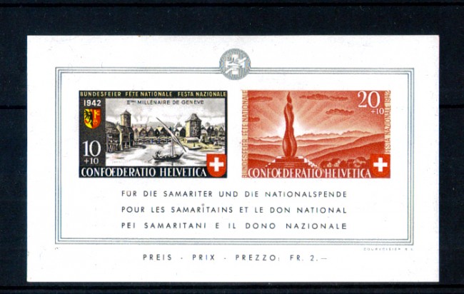 1942 - LOTTO/10656N - SVIZZERA - PRO PATRIA CITTA' DI GINEVRA - FOGLIETTO NUOVO