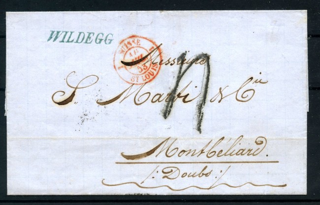 1853 - SVIZZERA - LOTTO/43286 - PREFILATELICA DA WILDEGG (SVIZZERA) PER MONTBELIARD (FRANCIA)
