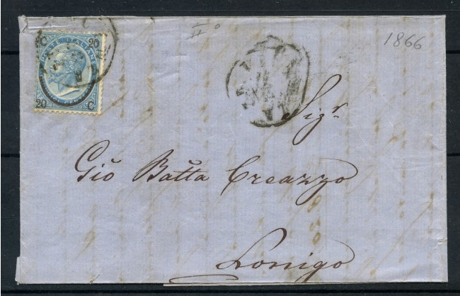1866 - REGNO - 20c. su 15c. FERRO DI CAVALLO  II° TIPO SU BUSTA PER LONIGO - LOTTO/30290