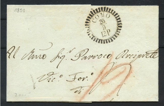 1851 - LOMBARDO VENETO - LOTTO/40524 - LETTERA IN FRANCHIGIA DA COMO  IN SVIZZERA  LOCARNO