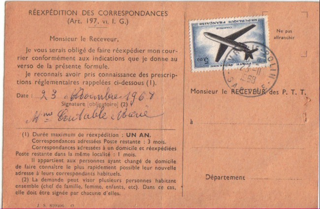 1968 - LOTTO/17363 - FRANCIA - MODELLO POSTALE RISPEDIZIONE