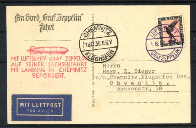 1930 - SVIZZERA - LOTTO/42340 - VOLO ZEPPELIN VIAGGIO IN SASSONIA