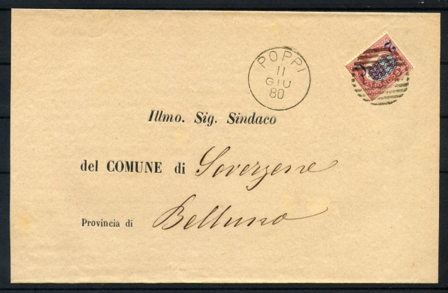 1880 - REGNO - LOTTO/41567 -  2 CENT. SU 1 LIRA  PIEGHEVOLE DA POPPI A BELLUNO