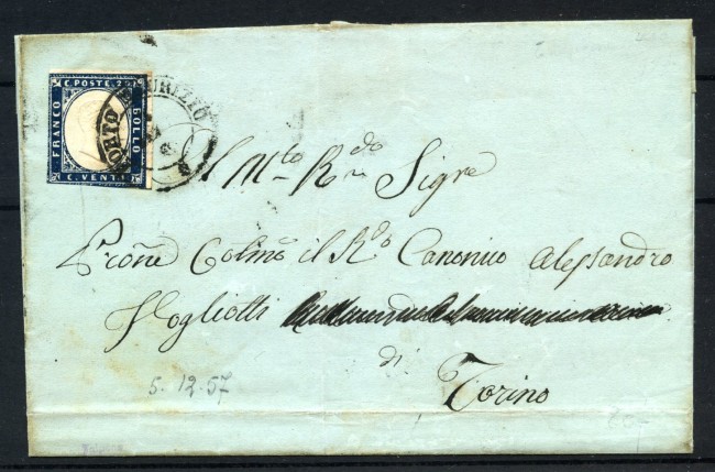 1857 - SARDEGNA - LOTTO/41002 - 20 CENT. INDACO  SCURO - LETTERA DA PORTO MAURIZIO