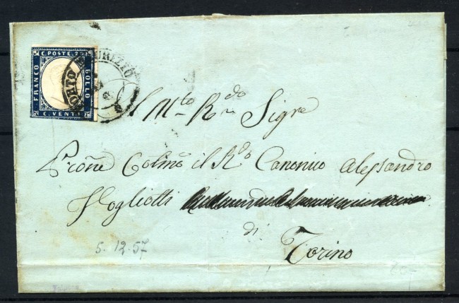 1857 - SARDEGNA - LOTTO/41002 - 20 CENT. INDACO  SCURO - LETTERA DA PORTO MAURIZIO