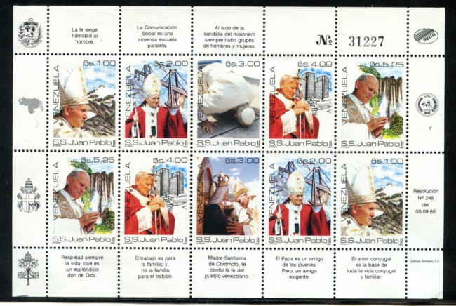 1986 - LOTTO/19574 - VENEZUELA - VISITA PAPA G.PAOLO II° - MINIFOGLIO