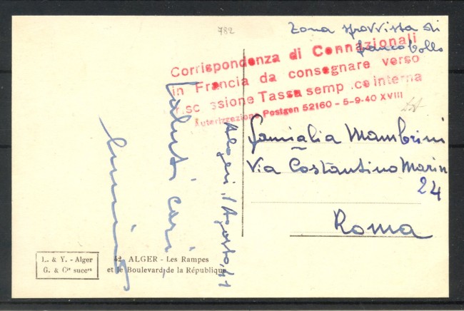 1941 - REGNO - LOTTO/40069 - CARTOLINA  DA ALGERI  CON TIMBRO SPECIALE
