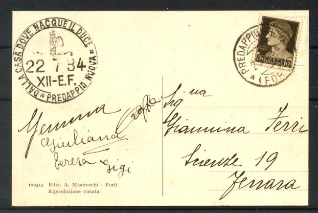 1934 - REGNO - LOTTO/40046 - CARTOLINA DA PREDAPPIO  CASA DEL DUCE PER FERRARA