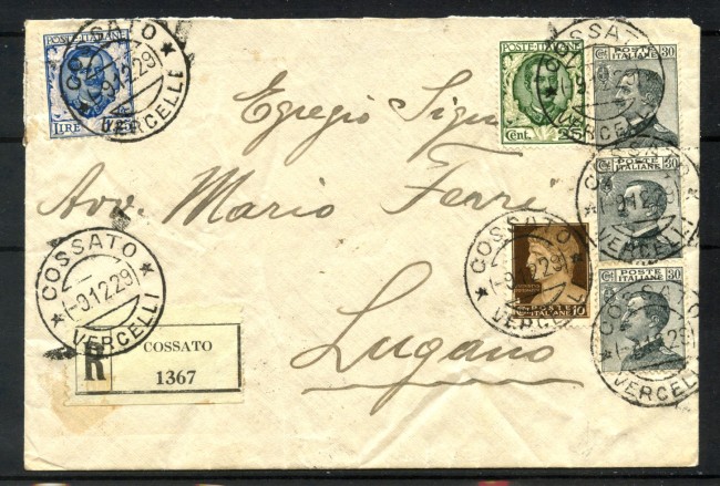 1929 - REGNO - LOTTO/40443- AFFRANCATURA MISTA SU RACCOMANDATA DA COSSATO A LUGANO