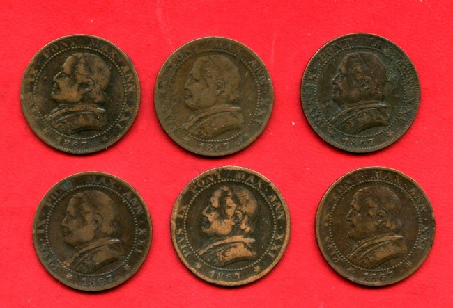 1867 - STATO PONTIFICIO - LOTTO/M48077 - 1 SOLDO PAPA  PIO IX° - INSIEME DI 6 ESEMPLARI