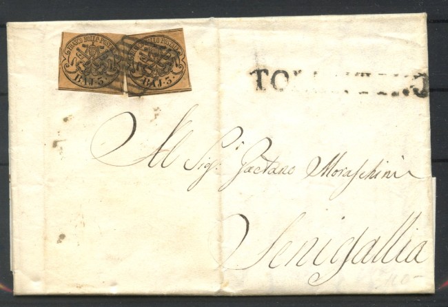 1856 - STATO PONTIFICIO - LOTTO/40768 - 3 BAJ COPPIA SU LETTERA PER SENIGALLIA