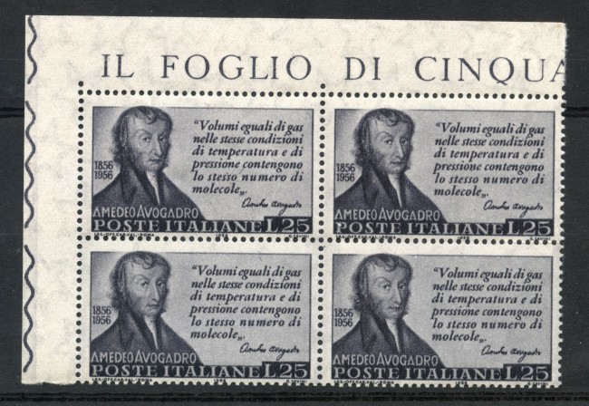 1956 - LOTTO/6305Q - REPUBBLICA - 25 L. AMEDEO AVOGADRO - QUARTINA NUOVI