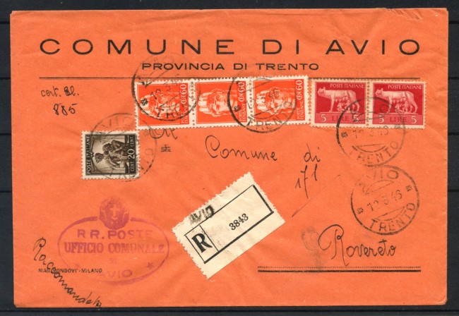 1946 - LUOGOTENENZA - LOTTO/41580 - RACCOMANDATA DA AVIO PER ROVERETO