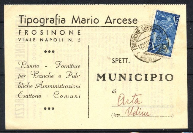 1948 - REPUBBLICA - LOTTO/48262 - 5 LIRE RISORGIMENTO SU CARTOLINA COMMERCIALE