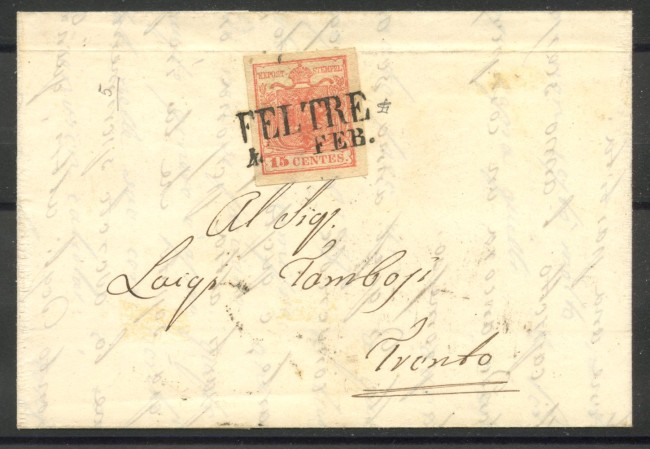 1852 - LOMBARDO VENETO - LOTTO/40526 - 15 Centesimi ROSSO SU BUSTA DA FELTRE PER TRENTO
