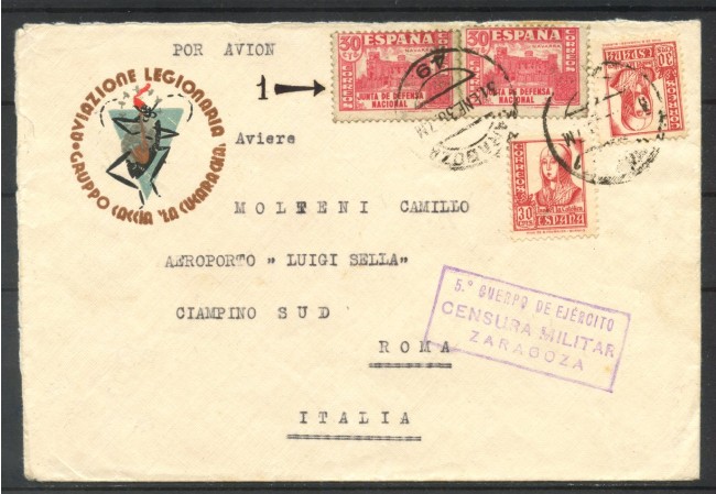 1938 - SPAGNA - LOTTO/42428 - BUSTA VIA AEREA DA SARAGOZZA A ROMA  CENSURA MILITARE