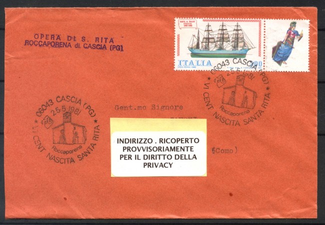 1981 - REPUBBLICA - VI° CENTENARIO SANTA RITA - BUSTA PER CANTU' - LOTTO/31821
