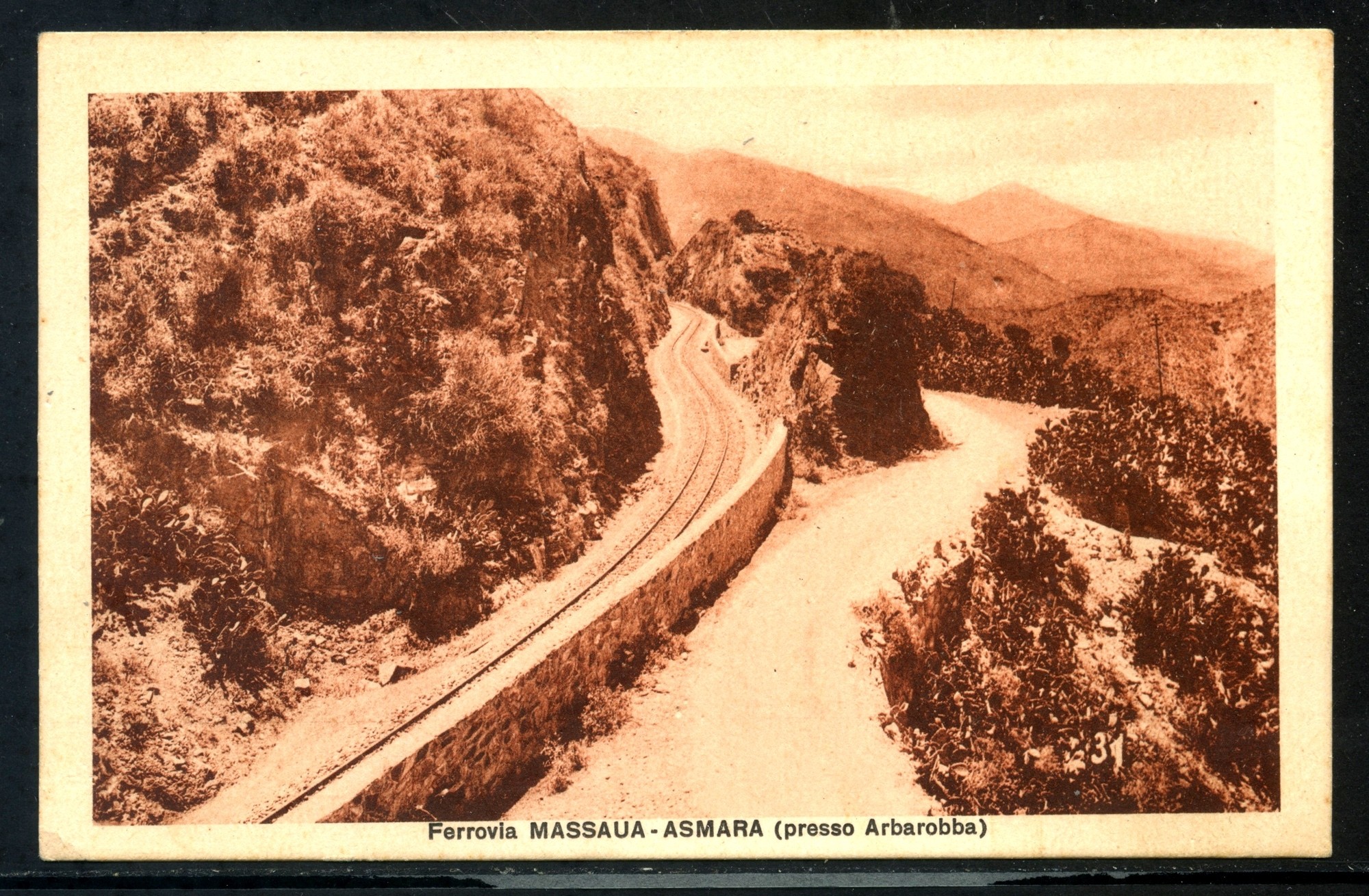 1935 ERITREA CARTOLINA ILLUSTRATA FERROVIA MASSAUAASMARA