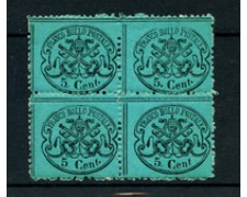 STATO PONTIFICIO - 1868 - LOTTO/22406 - 5 cent.  AZZURRO VERDASTRO  QUARTINA
